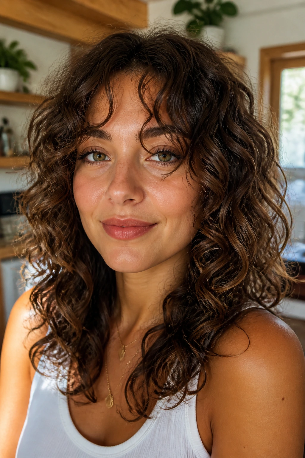 Real woman with curly curtain bangs in a sunlit living room