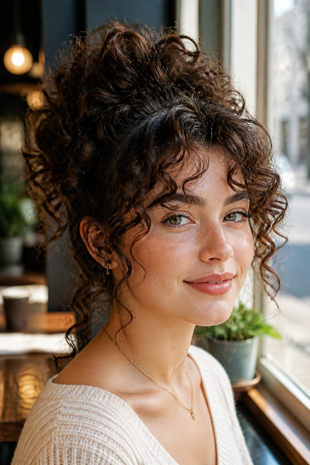 Close-up of real person with curly curtain bangs and tall crown