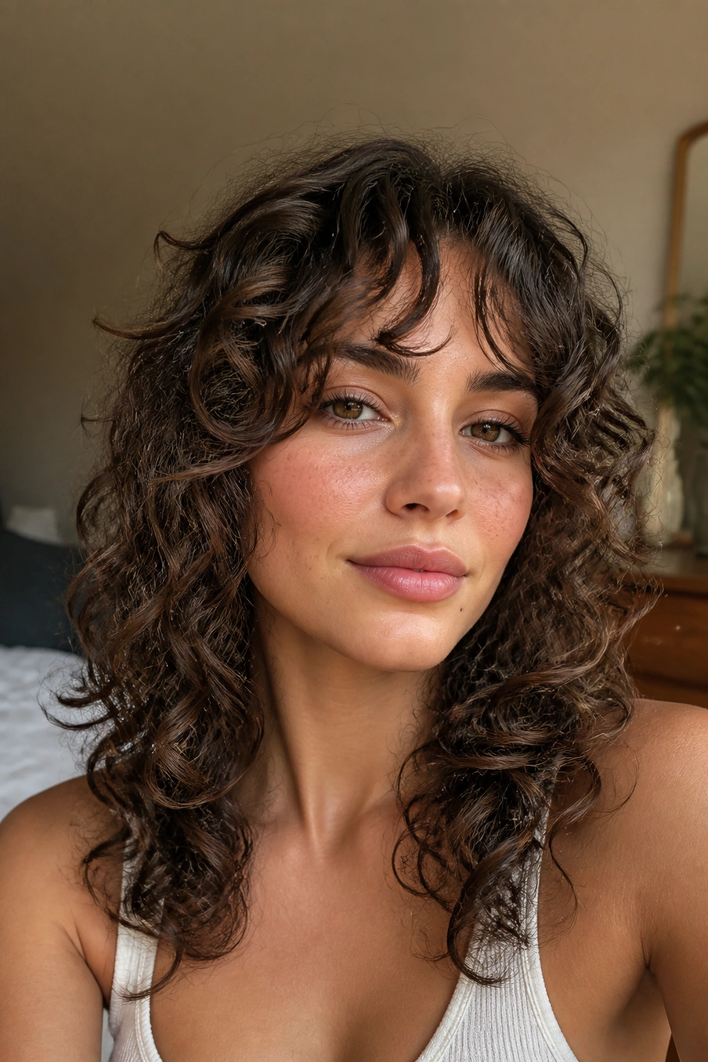 Close-up portrait of a real person with curly curtain bangs framing the cheeks