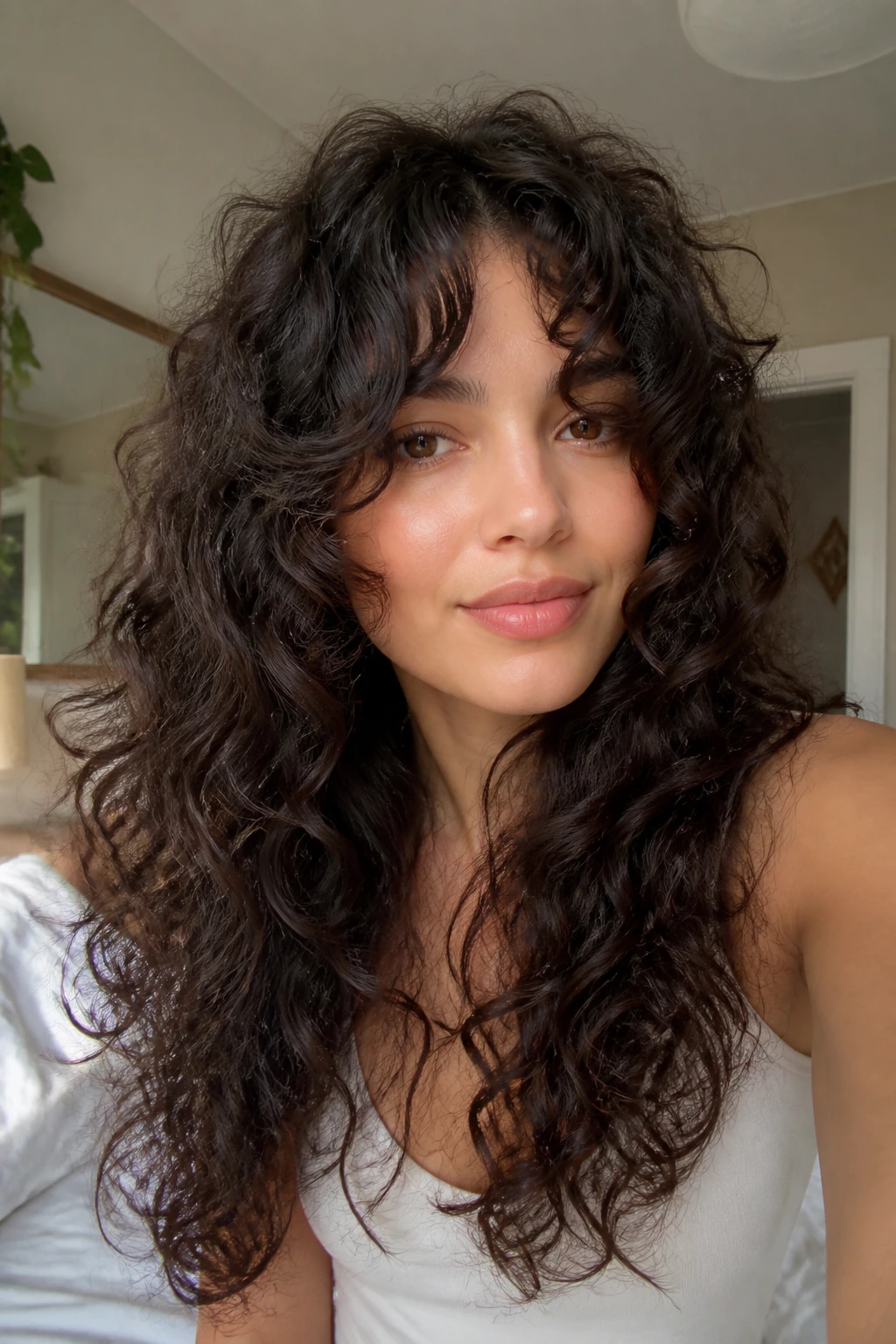 Close-up portrait of a real woman with curly curtain bangs and long front length in soft window light.