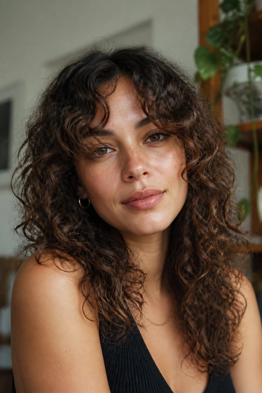 Close-up of curly curtain bangs on a real person.