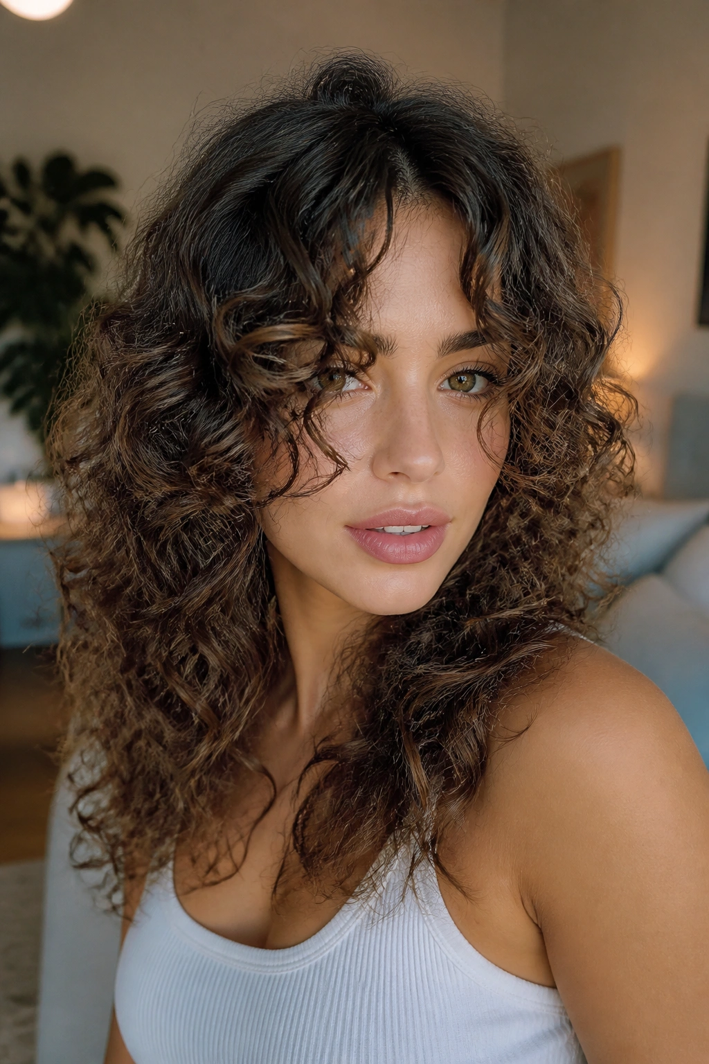 Real woman with curly curtain bangs and soft lighting