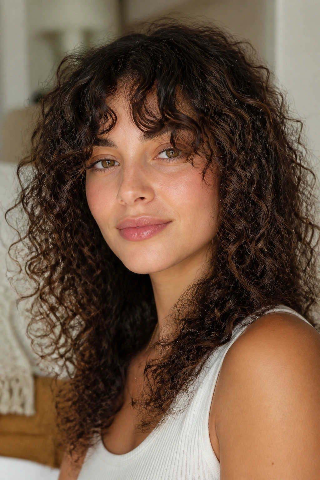 Real woman with curly curtain bangs open in the middle on a round face.