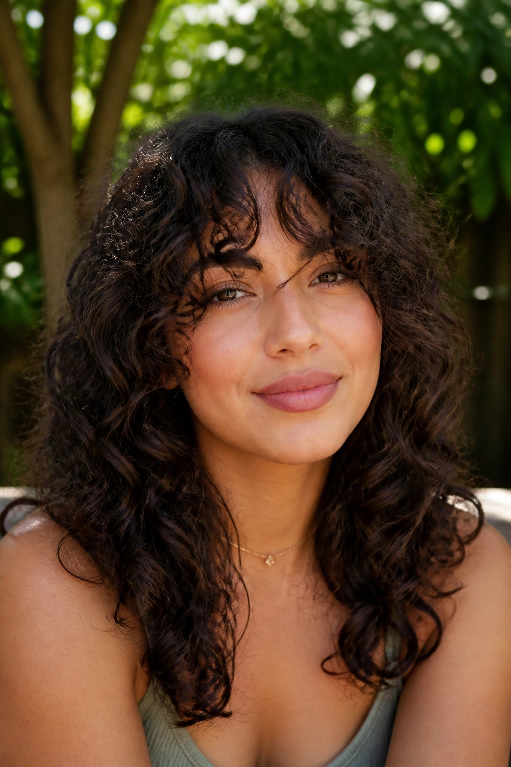 Close-up portrait of a woman with curly curtain bangs cut long for shrinkage in natural light