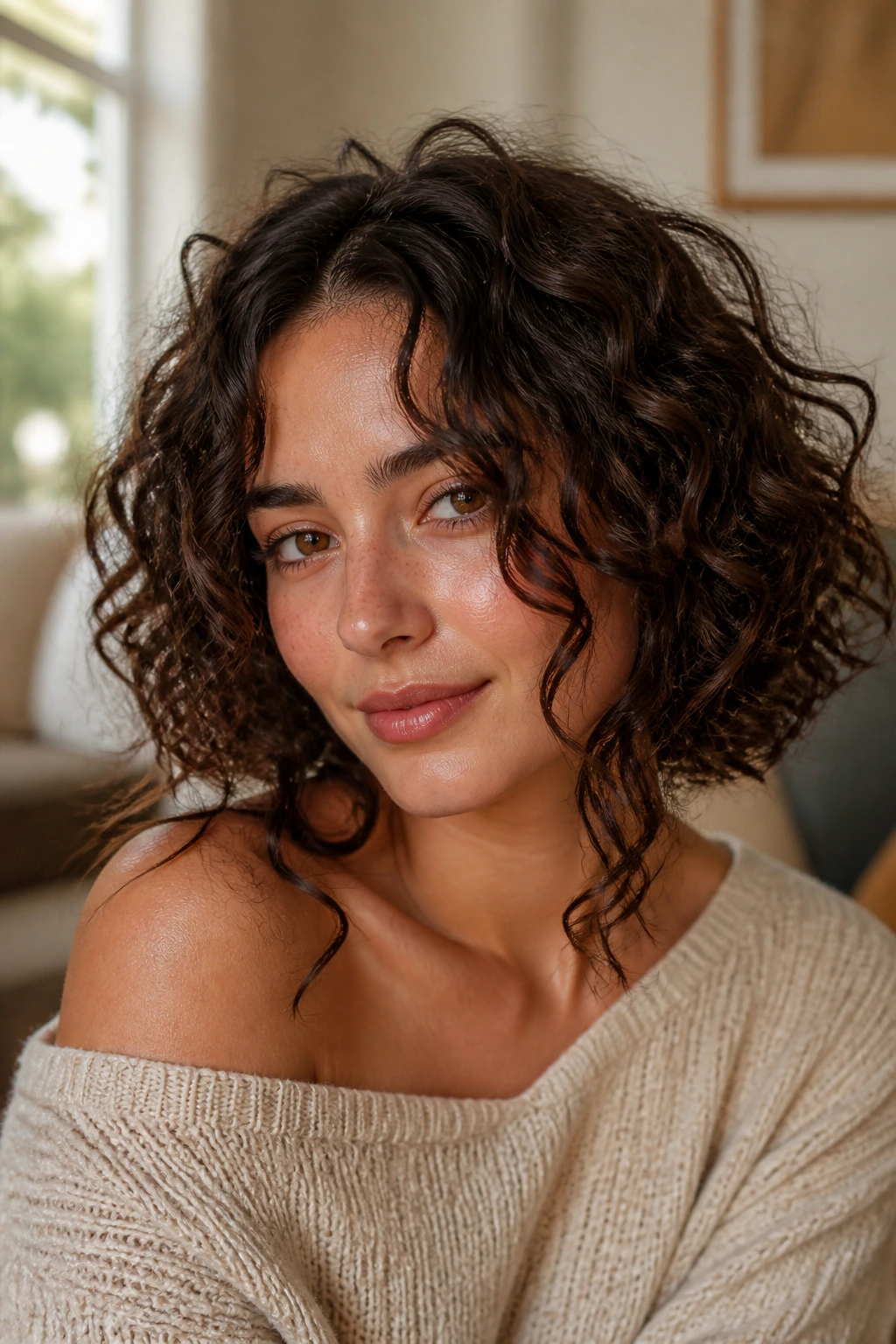 Close-up of real woman with curly curtain bob and long front pieces.