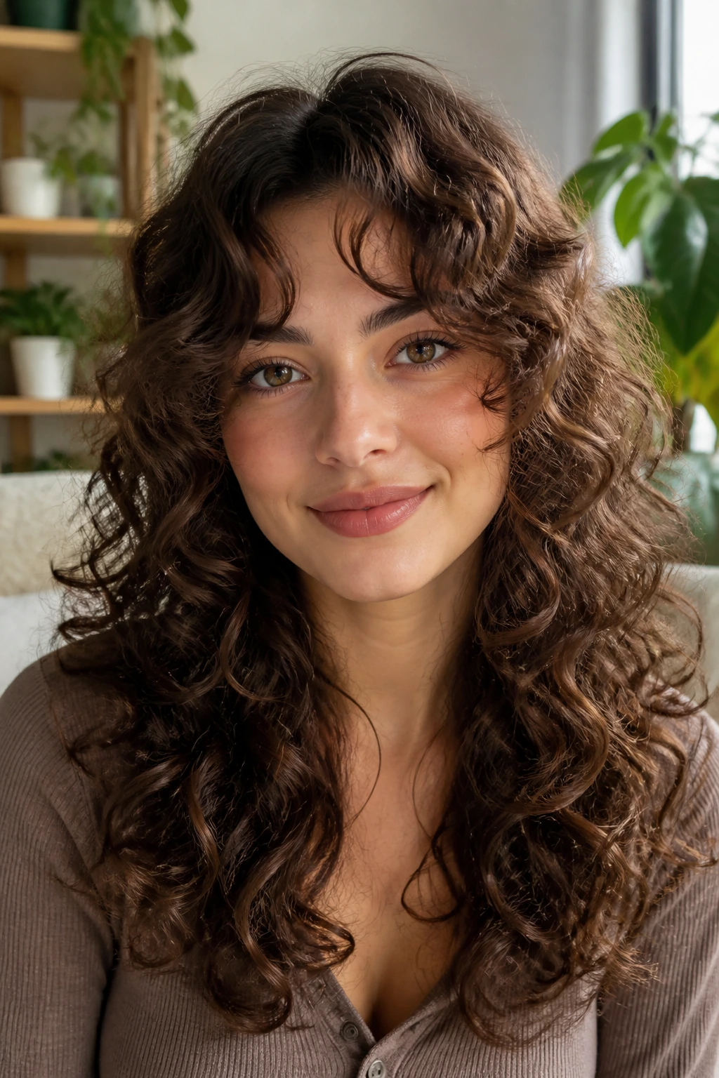 Close-up portrait of a real woman with warm walnut curls and curly curtain fringe