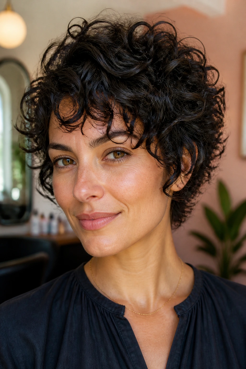Real woman with curly hair stacked at crown showing lifted shape and controlled sides.