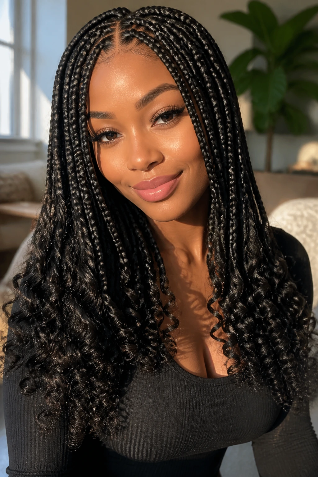 Curly-End Big Box Braids with curly ends on real woman