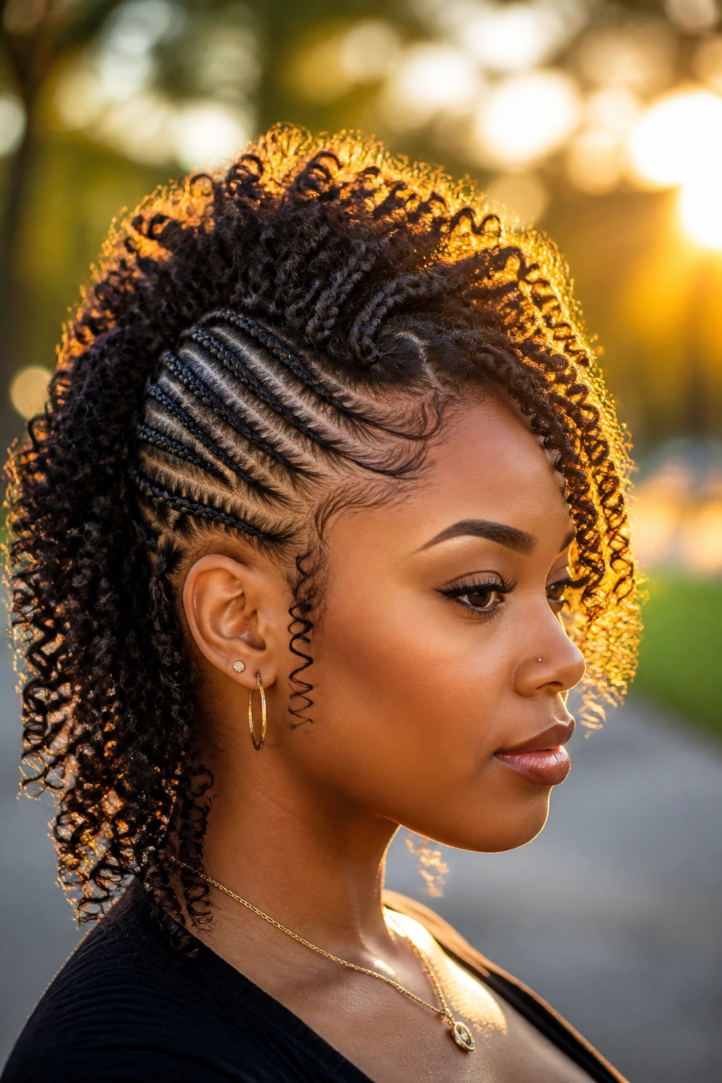 Portrait of a real person with Mohawk with Curly Ends featuring curly center and sleek sides under golden hour light