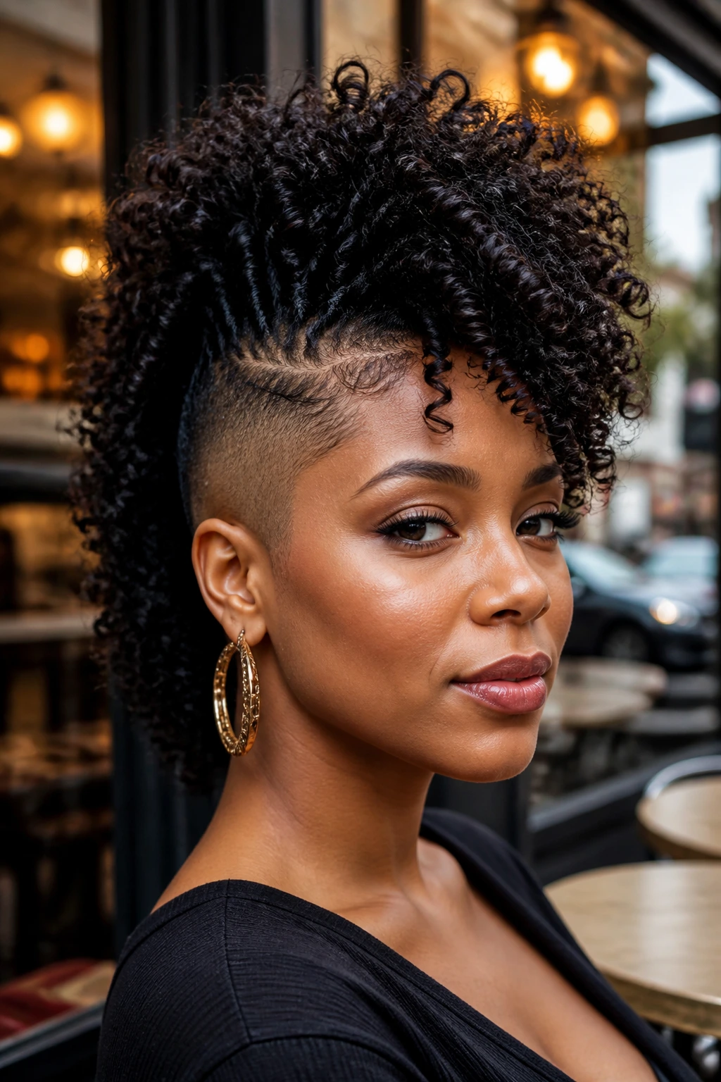 Close-up portrait of a real Black woman with curly extensions forming a Mohawk