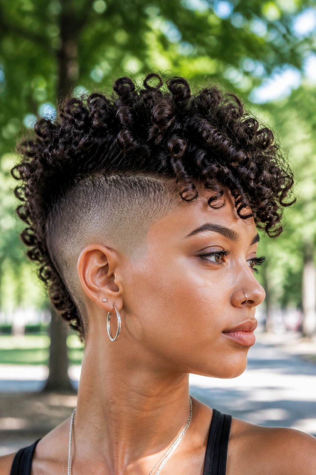 Close-up of real person with curly texture fade Mohawk outdoors