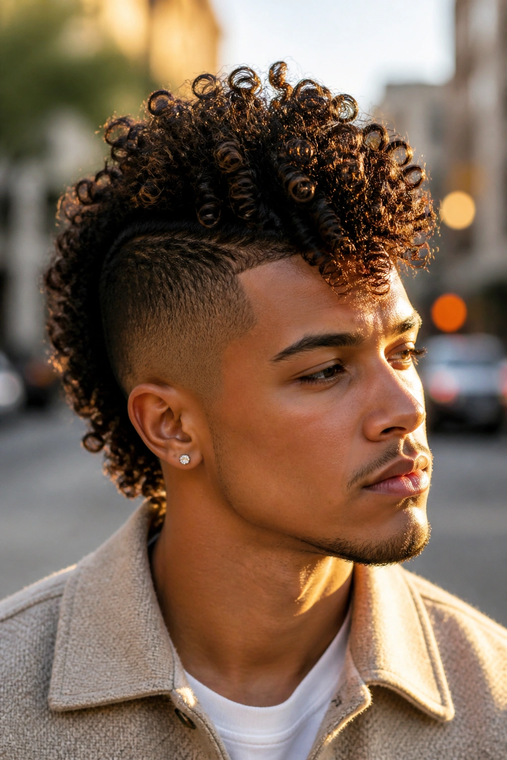 Three-quarter portrait of a real person with a curly faux hawk