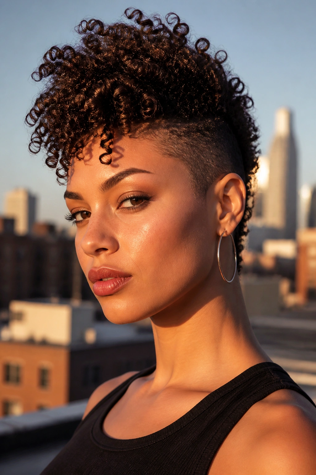Close-up of a real person with a curly faux hawk on an urban rooftop