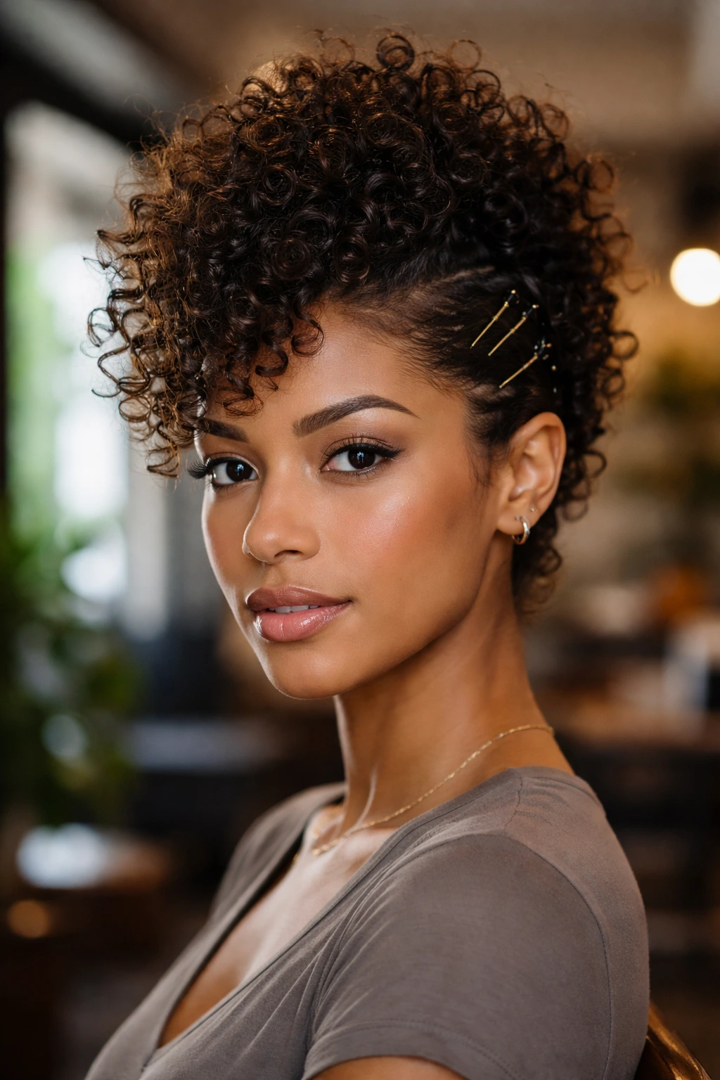 Close-up of a real person with a curly faux hawk and pinned sides