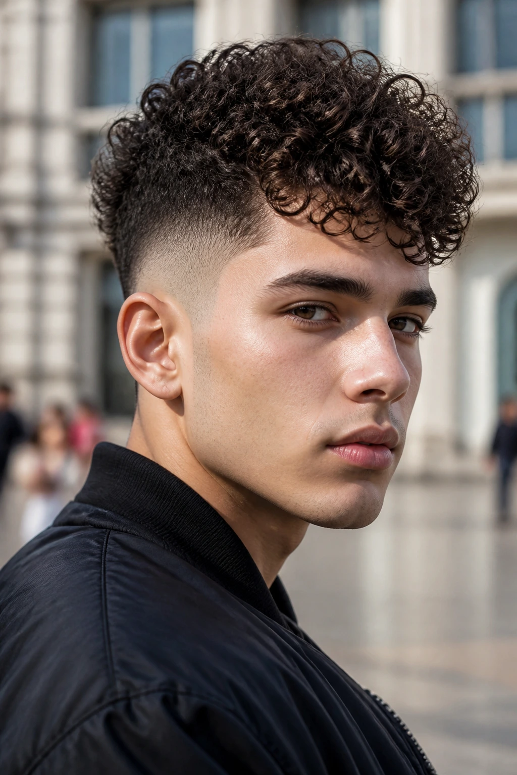 Portrait of a real person with a curly faux hawk hairstyle.