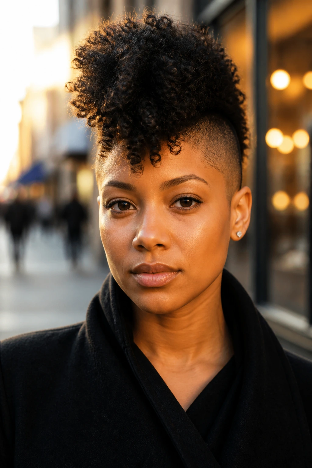 Close-up of a real person with Curly Faux-Hawk and undercut