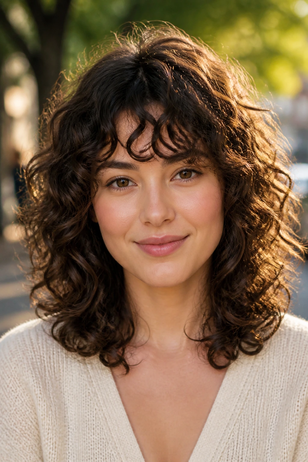 Close-up of a real woman with curly feathered layers on a round face outdoors.