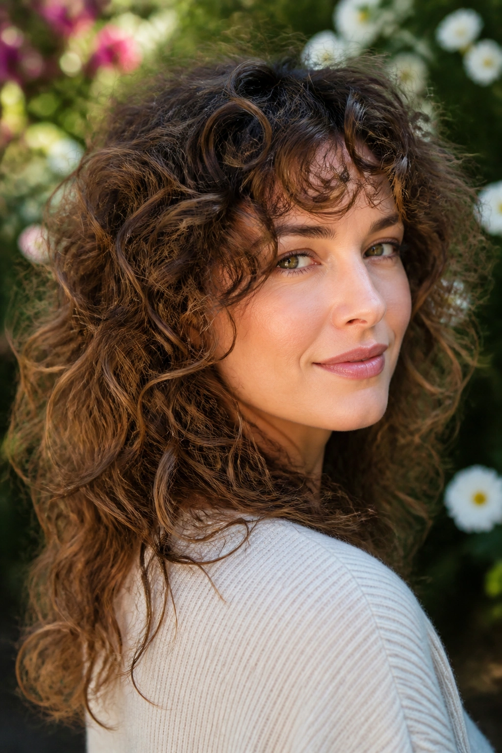 Real woman with curly fine-hair shag, close-up portrait with defined curls