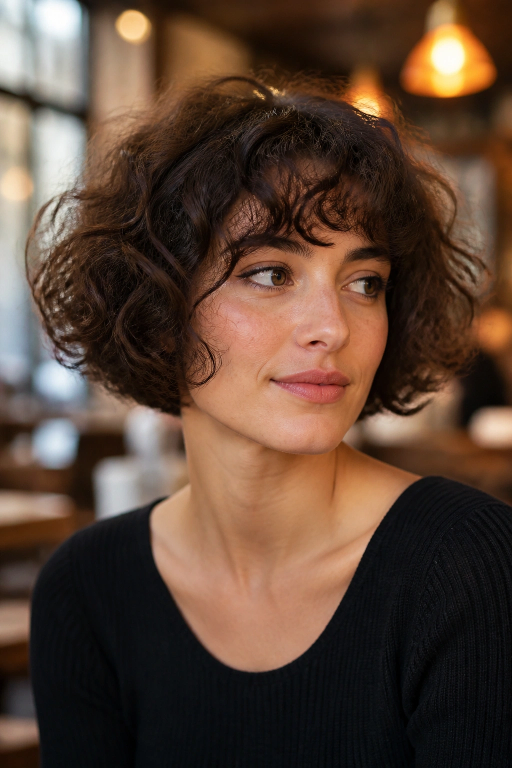 Close-up portrait of a real woman with a curly French bob