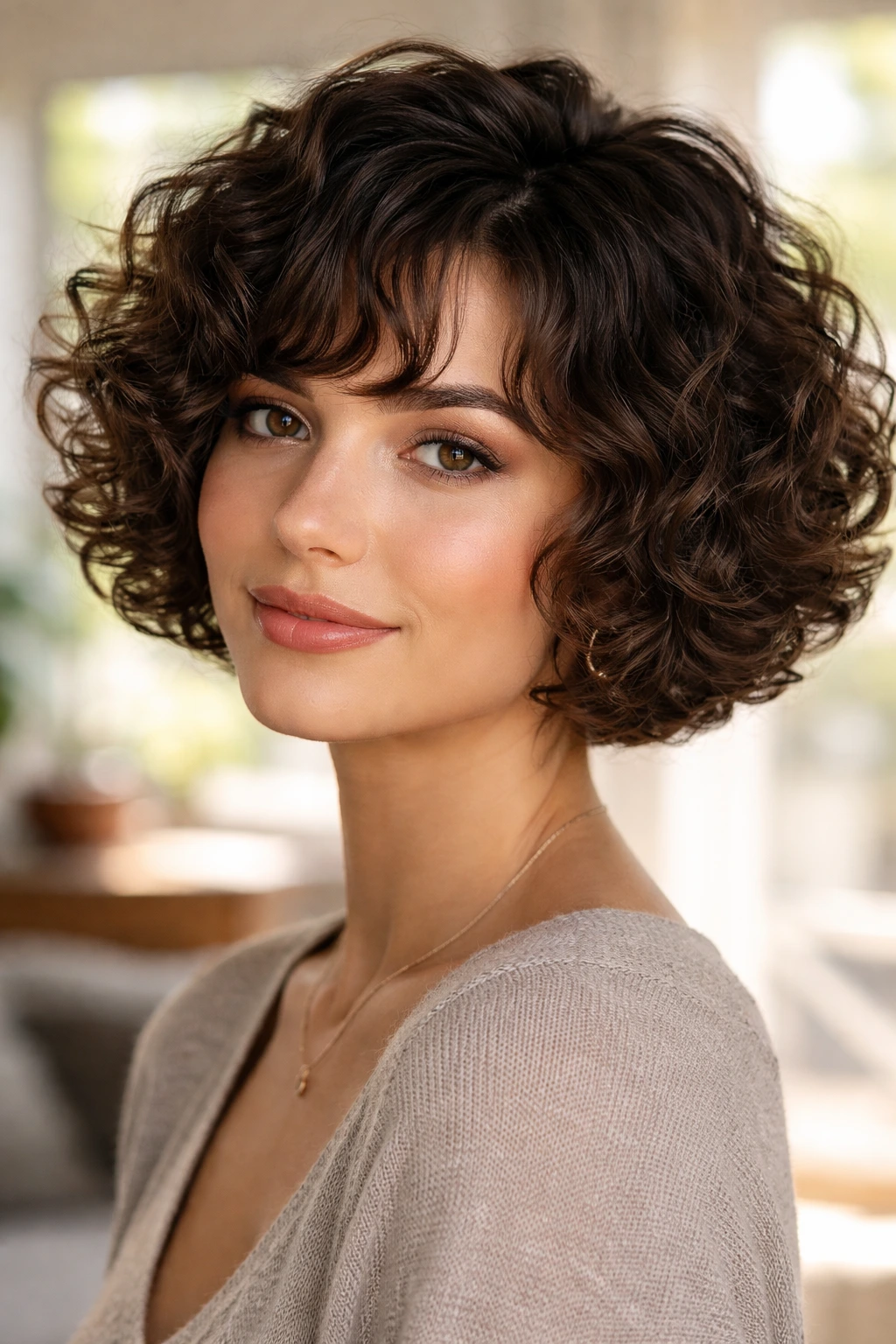 Close-up of a real woman with a curly French bob in sunlit living room