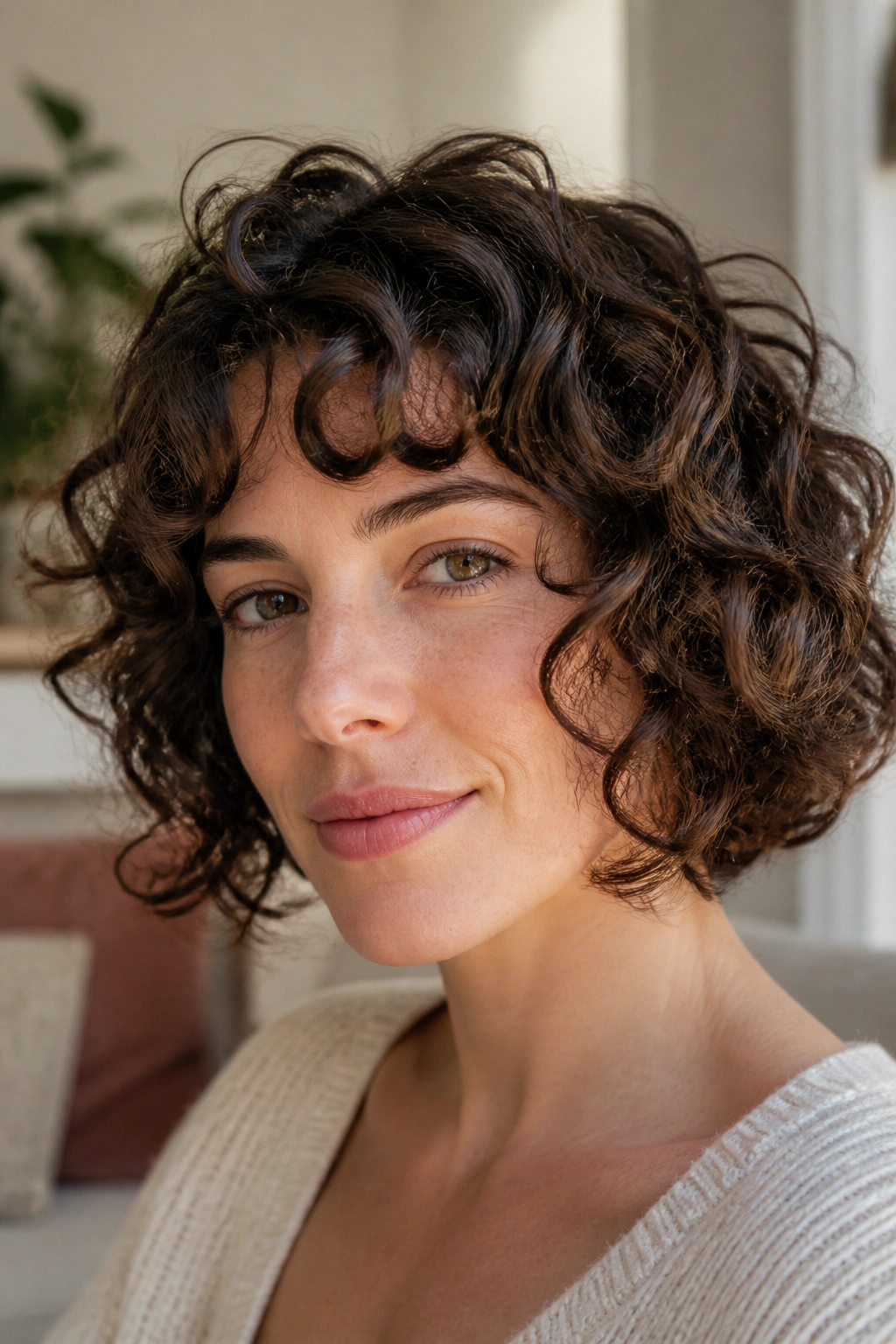 Close-up of a real woman with a curly French bob showing defined curls.