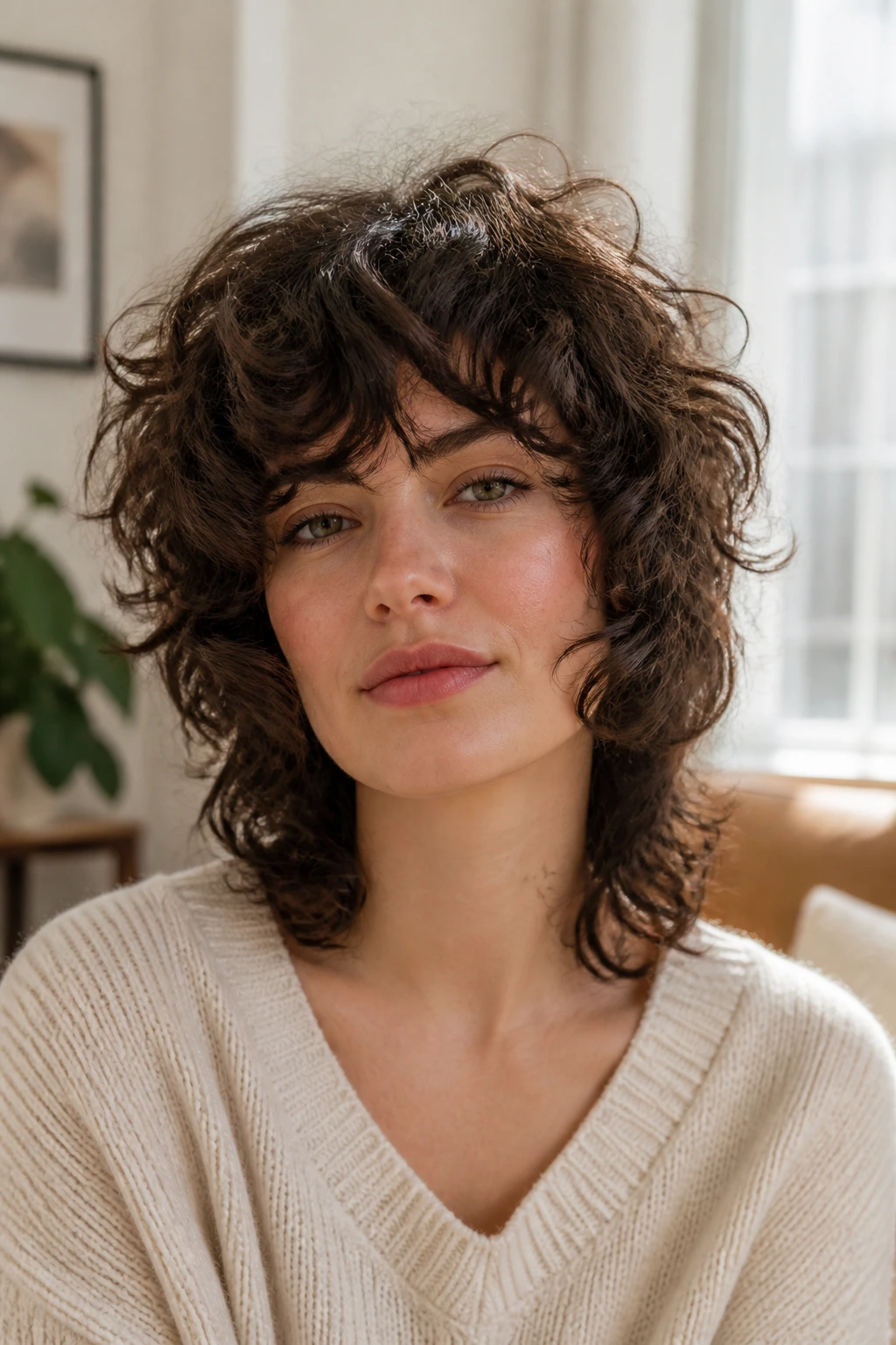 Close-up portrait of a real woman with Curly French Shag showing crown lift and tapered sides.