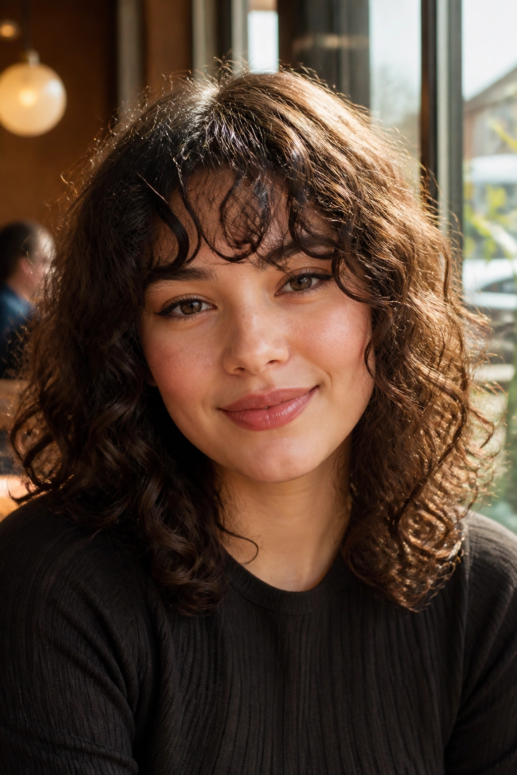 Close-up of a real woman with brow-skimming curly fringe and airy curls
