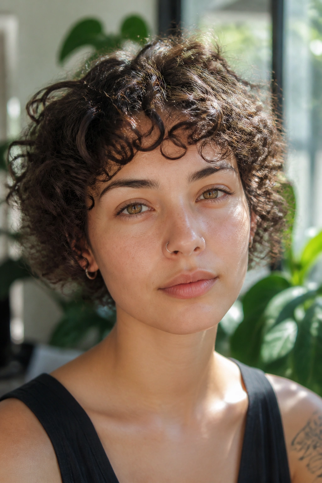 Real person with short curly fringe following curl pattern.