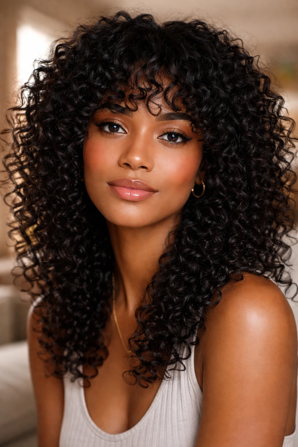 Close-up of a real woman with curly fringe and face-framing curls under warm window light