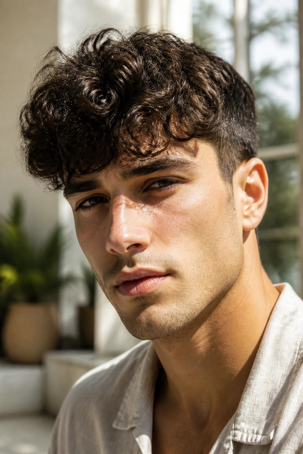 Man with curly fringe front curls framing the forehead.