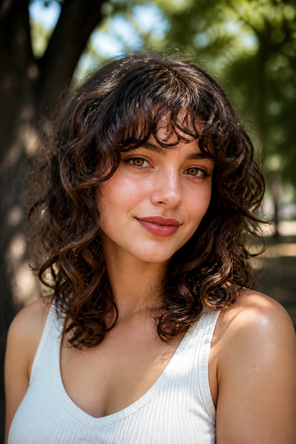 Portrait of a person with curly fringe and shaped layers in natural light.