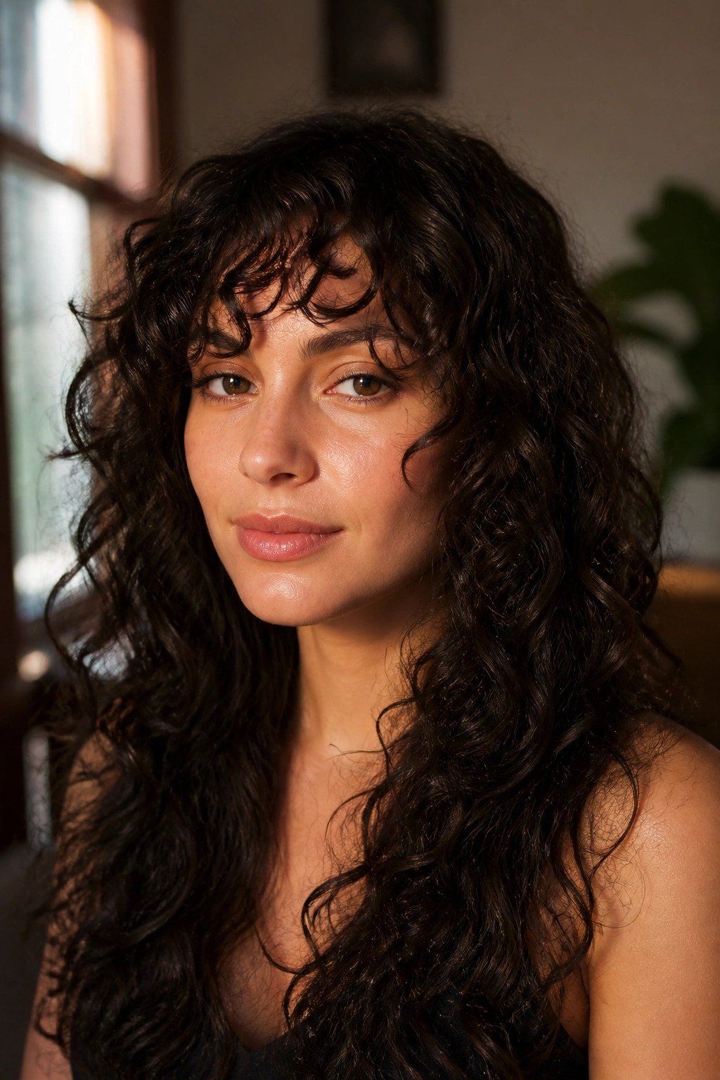 Close-up portrait of a real woman with long layered curls and shattered fringe.