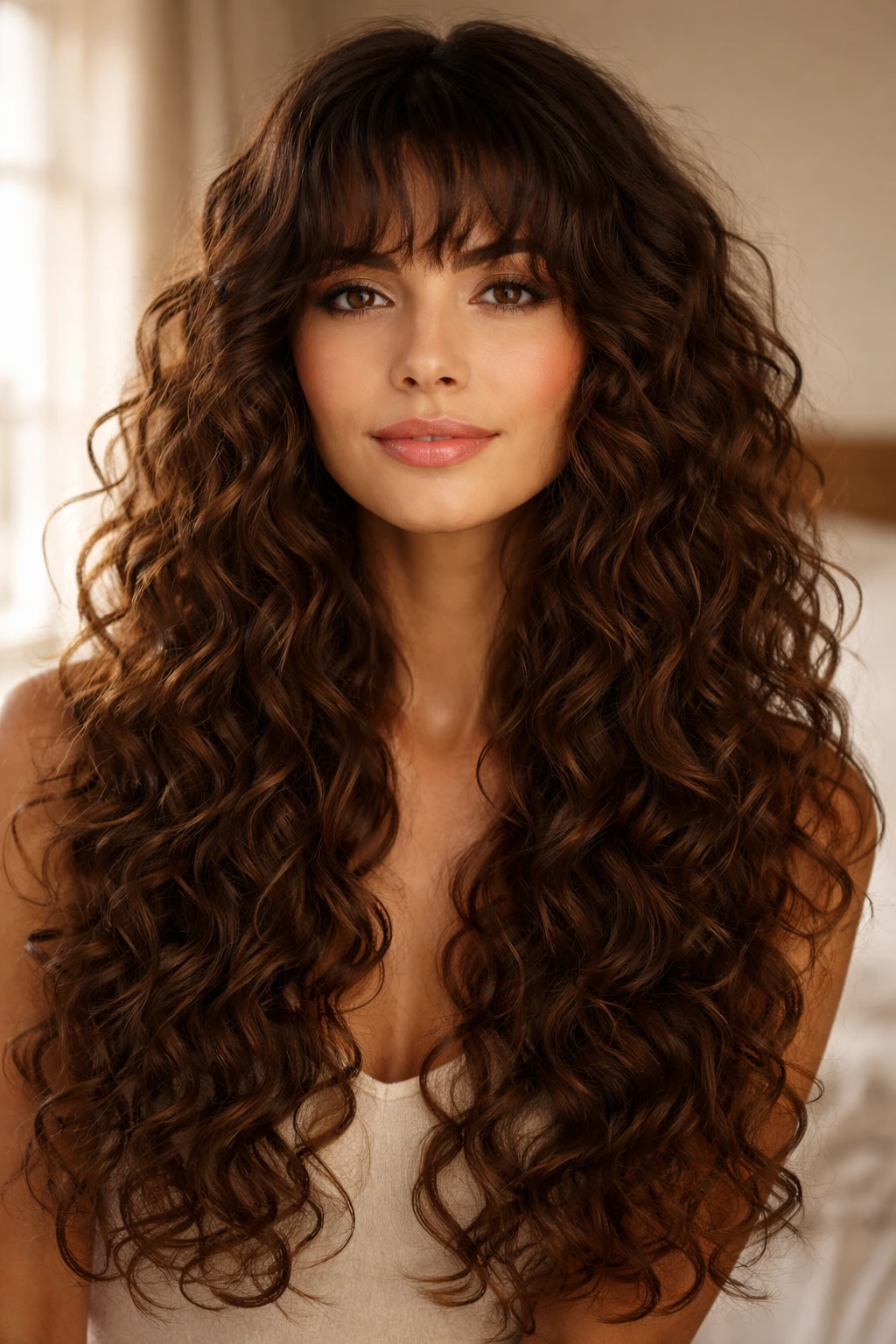 Close-up of long weighted curls with a front fringe on real woman