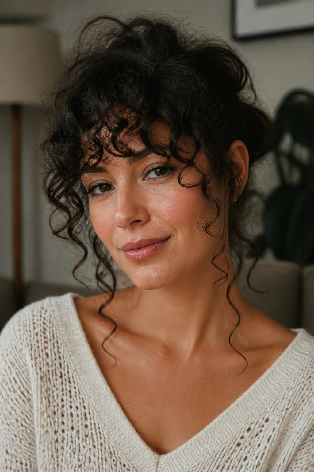 Close-up of a real woman with curly fringe and loose spiral curls at cheekbone in soft diffuse light