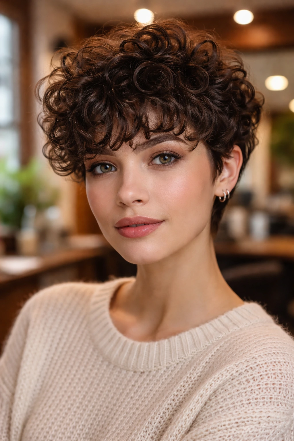 Close-up of real woman with curly fringe on a pixie cut, face-framing curls