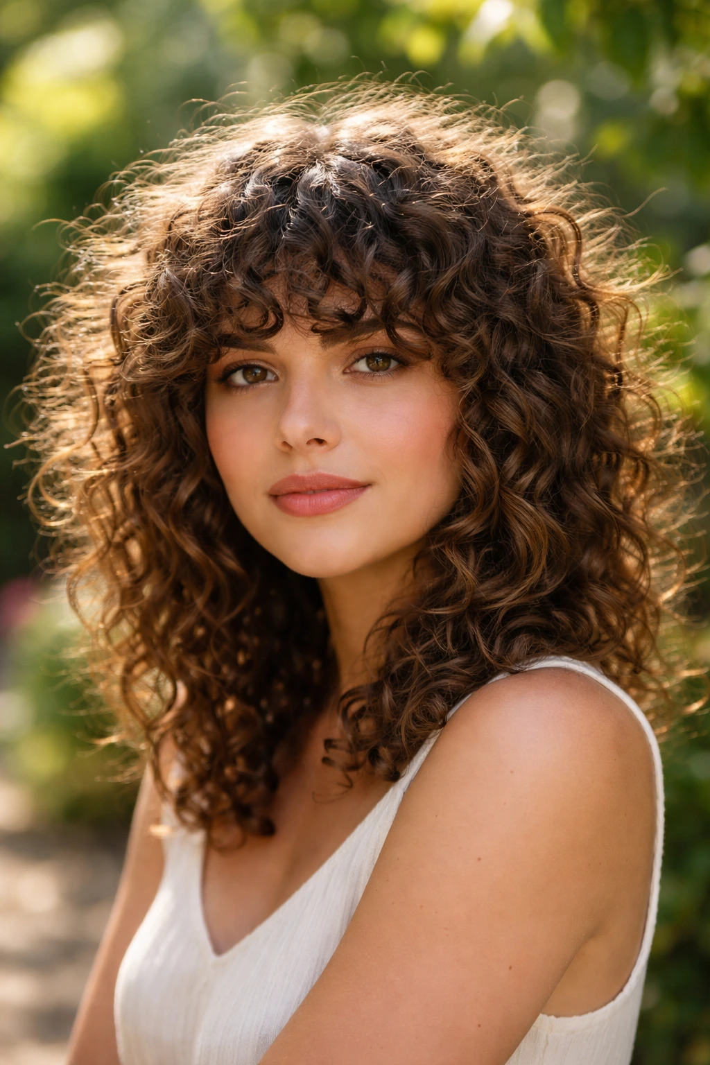 Close-up of a real woman with curly fringe in a sunlit garden