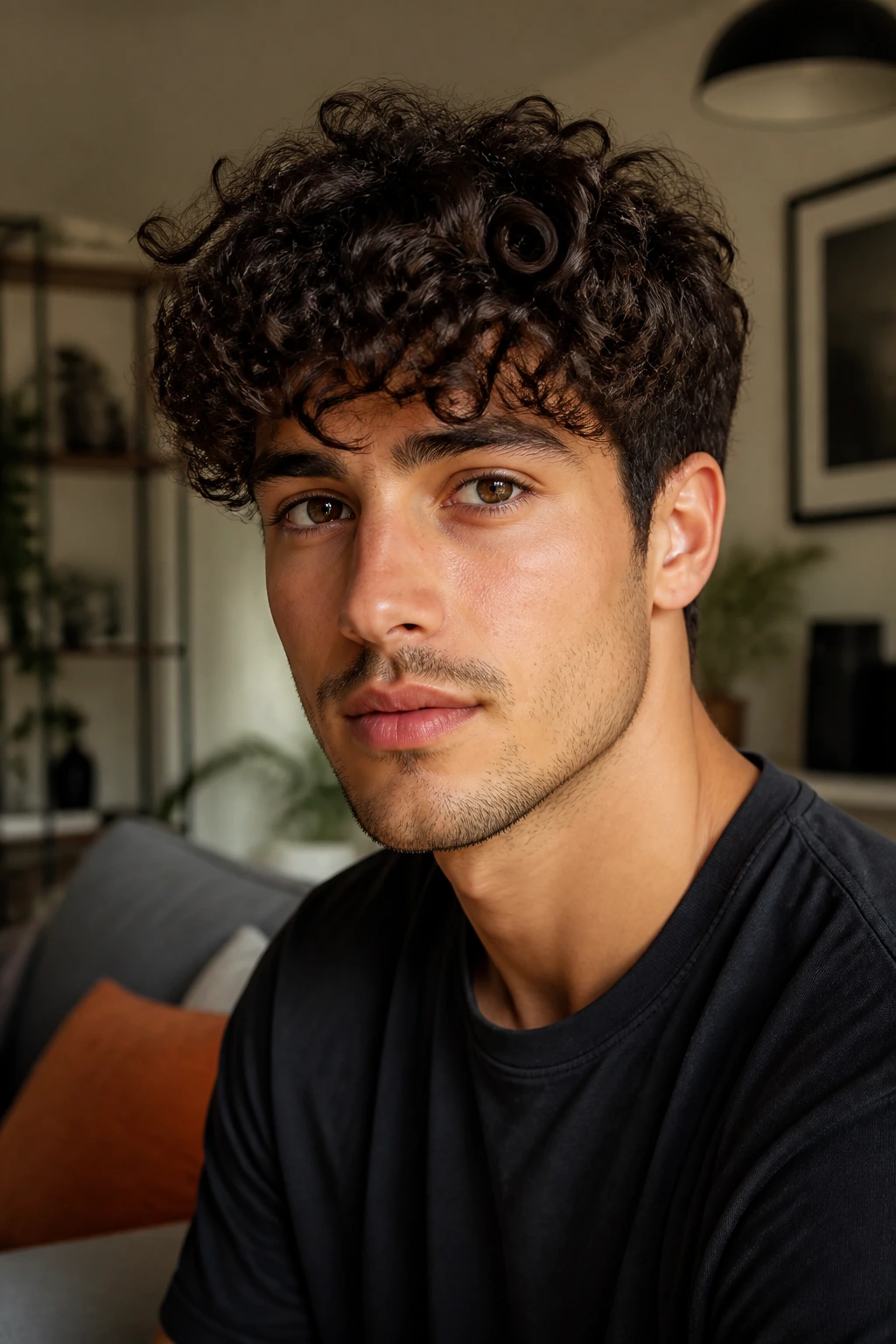 Close-up of a man with curly fringe spilling forward