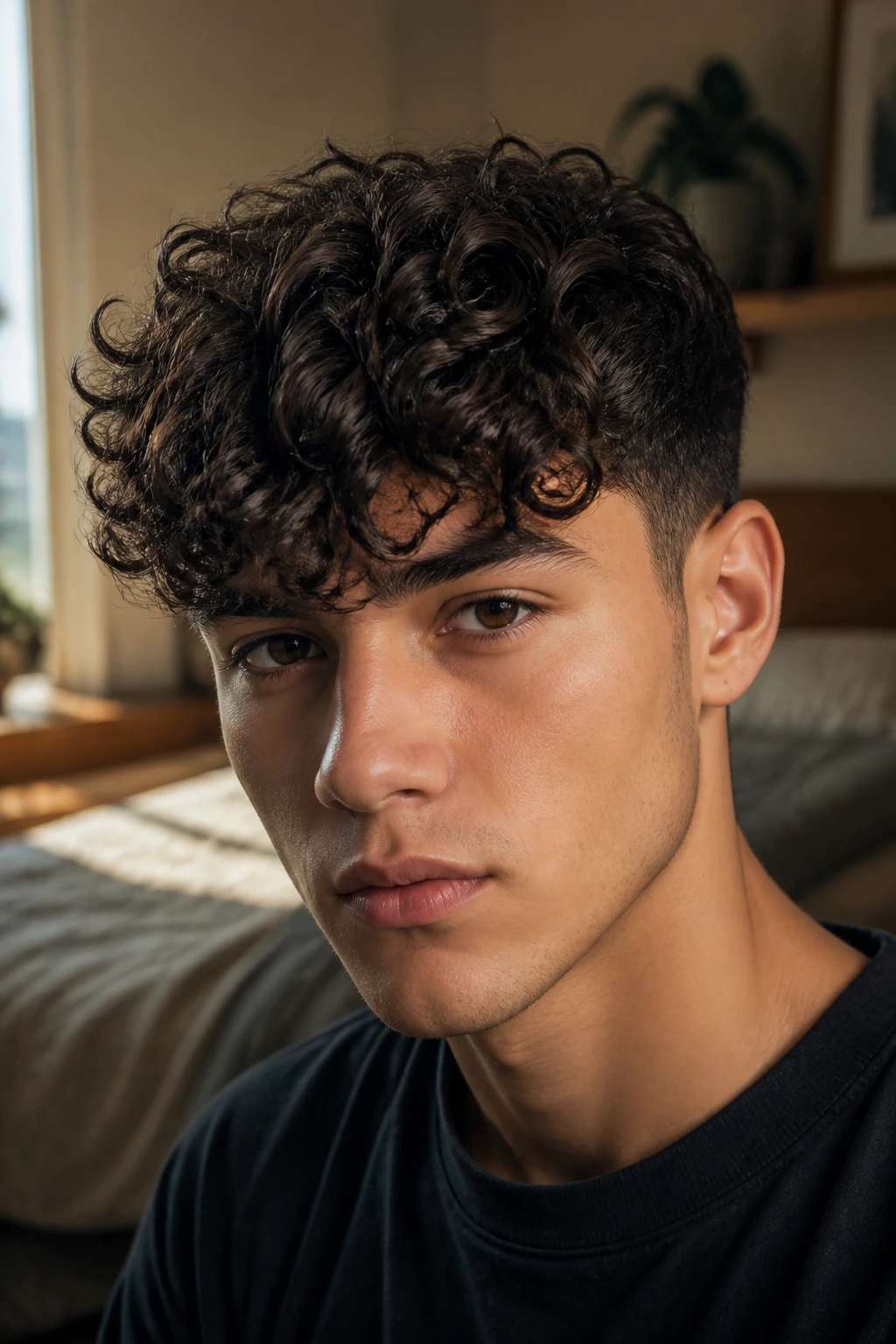 Close-up portrait of a person with curly fringe hair over the forehead
