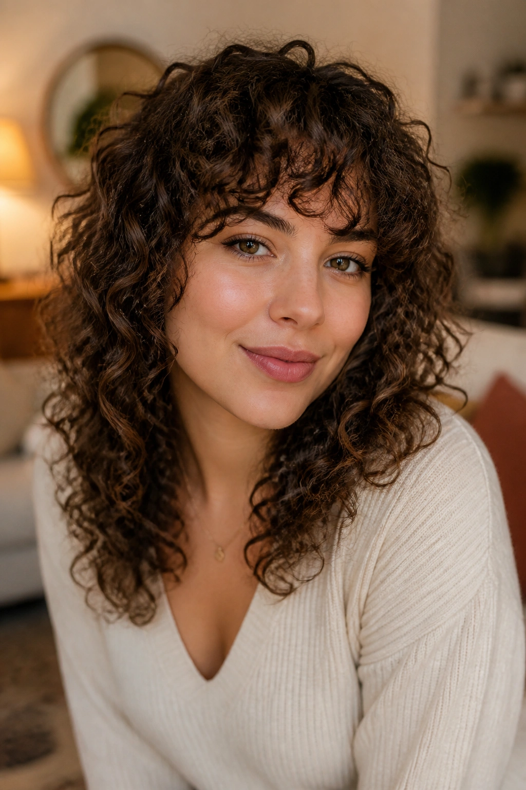 Portrait of a woman with curly fringe around the forehead