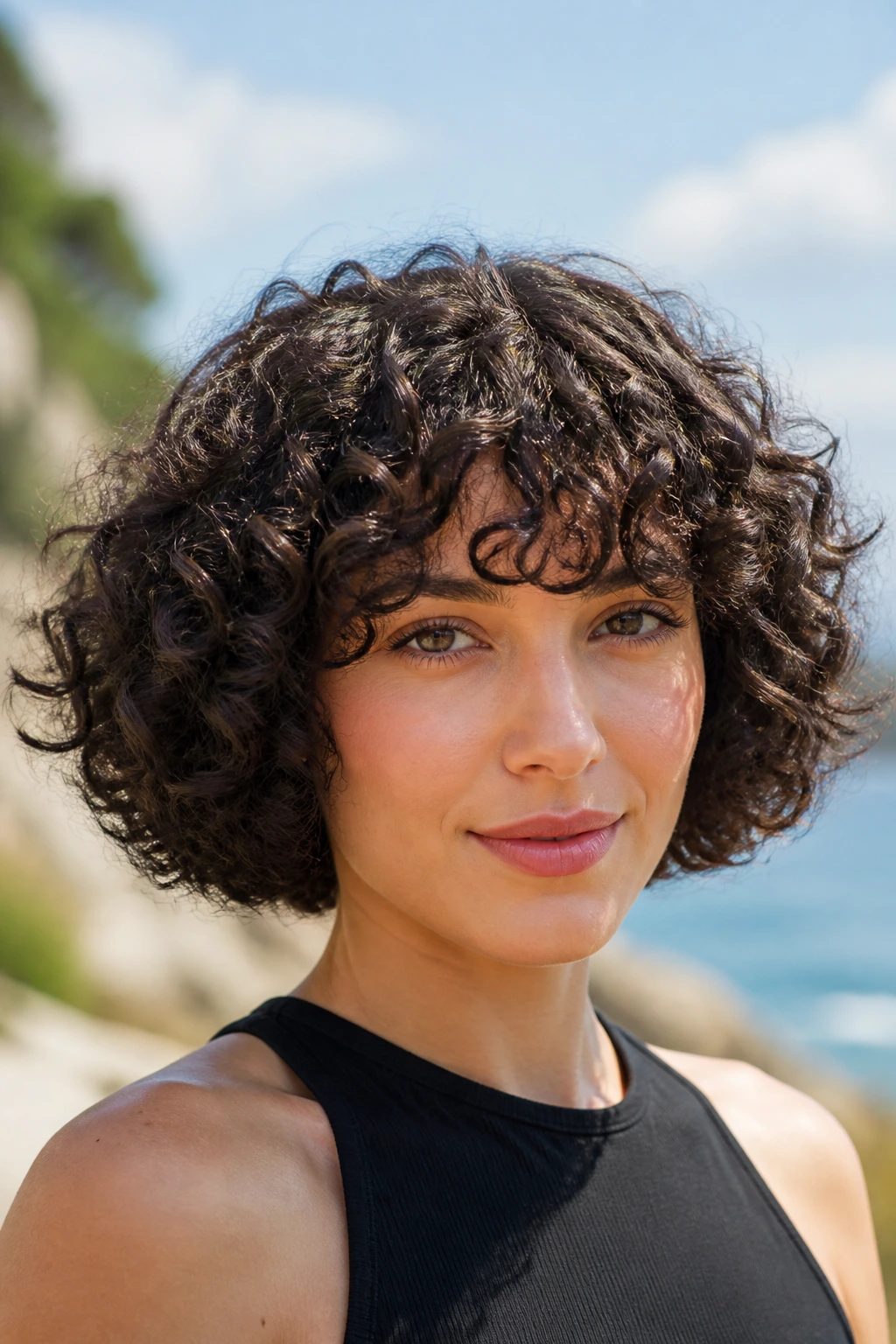 Close-up of a real woman with curly fringe and rounded bob