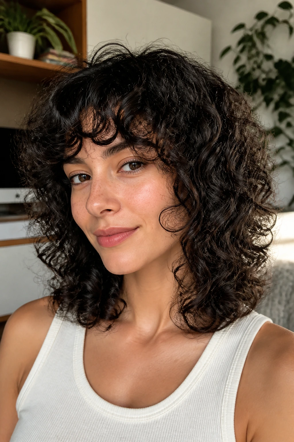 Close-up portrait of a real woman with curly fringe and rounded layers in natural light