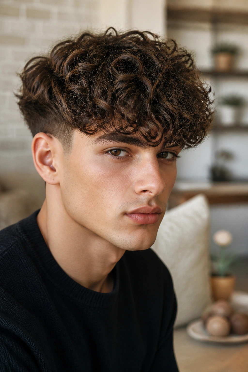 Close-up of a man with curly fringe and tapered sides in a cozy living room