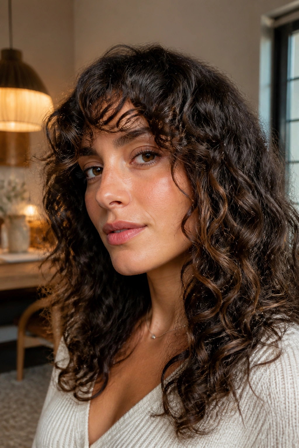Close-up portrait of a real woman with curly fringe cut for natural texture around the forehead.