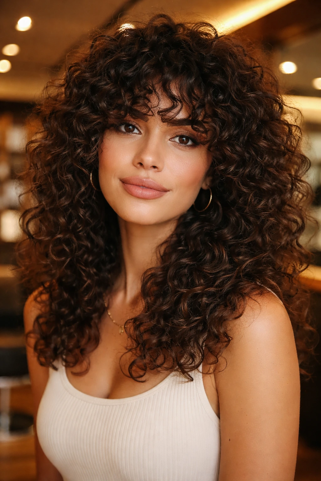 Close-up of thick curly hair with layered fringe on real woman