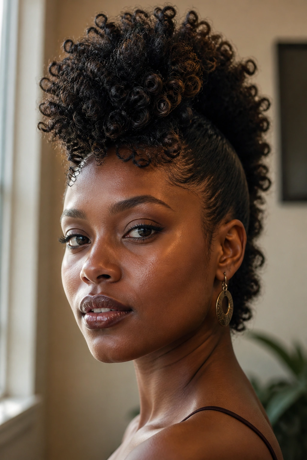Close-up of a real person with a curly frohawk hairstyle, sides pinned back and top textured.