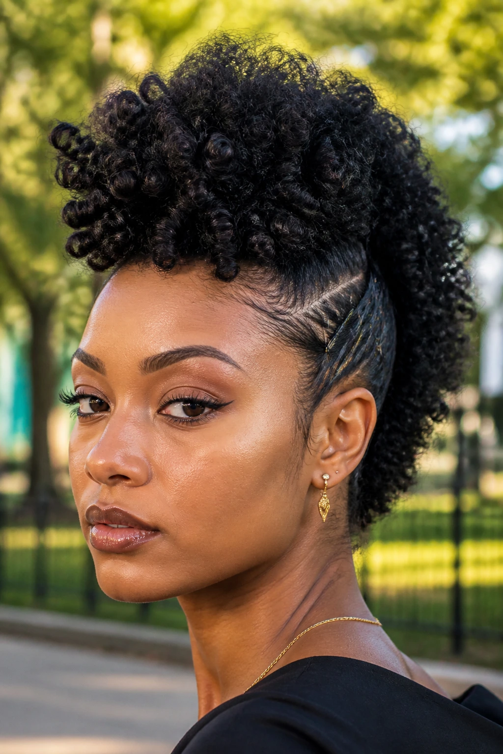 Close-up of a real person with a curly frohawk and defined sides