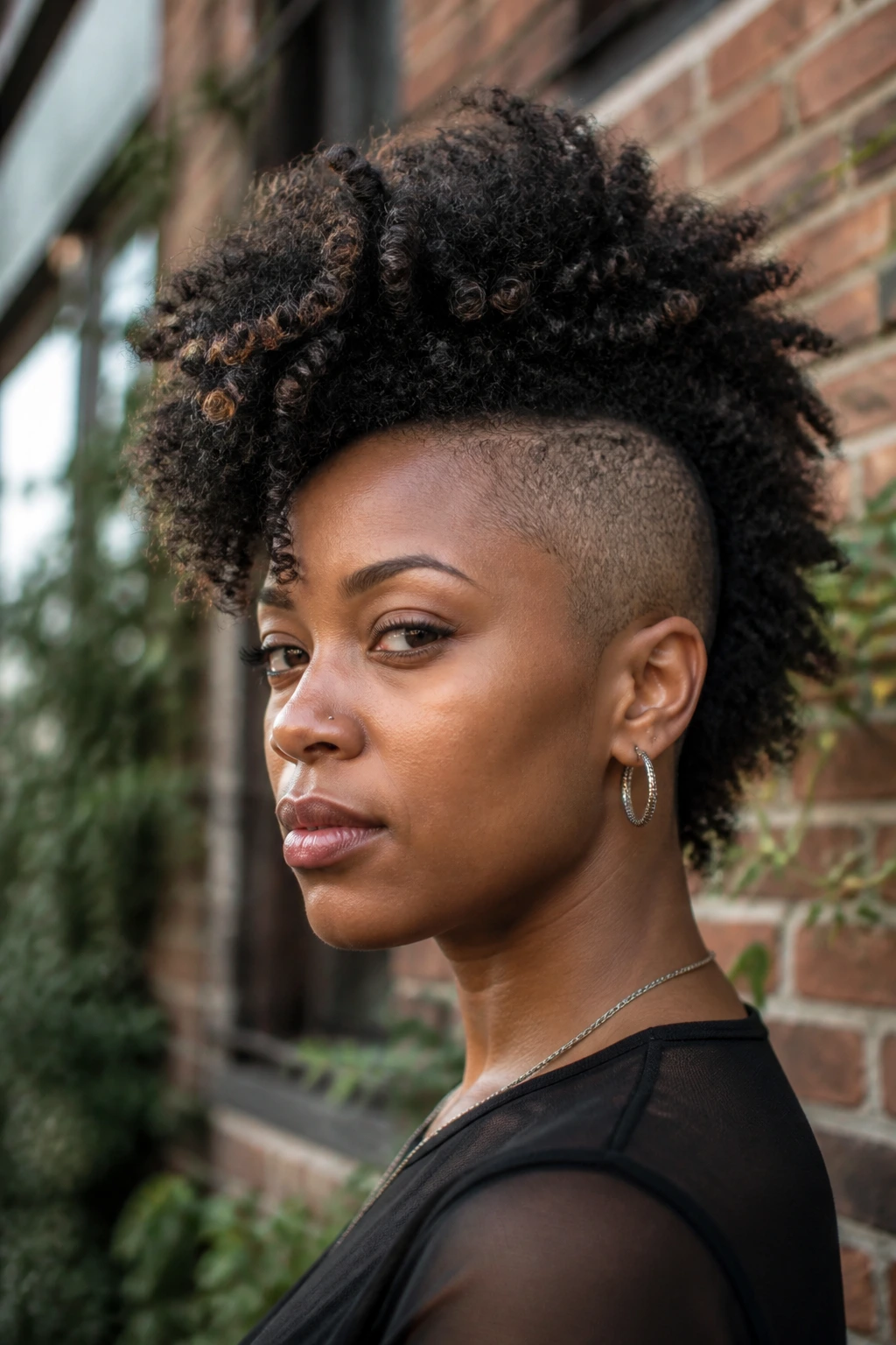 Portrait of a Black woman with curly frohawk and shaved sides in an urban setting.