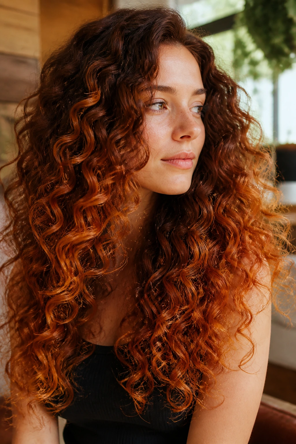 Close-up portrait of a real woman with curly ginger ombre cascade