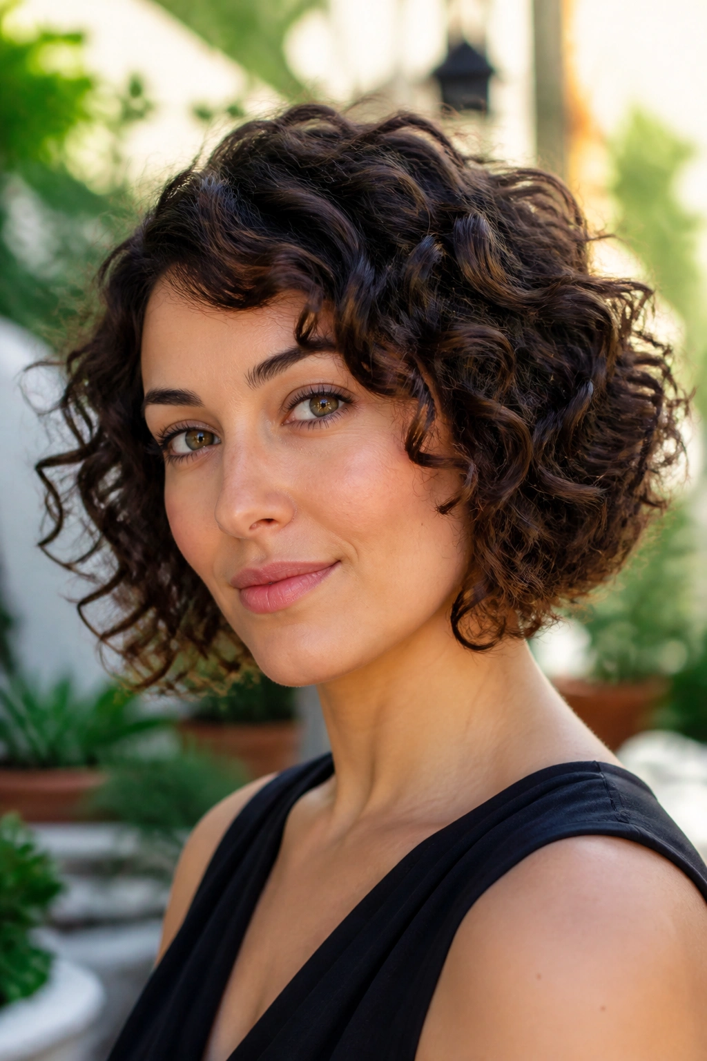 Close-up of a real woman with a curly graduated bob in a sunlit garden.