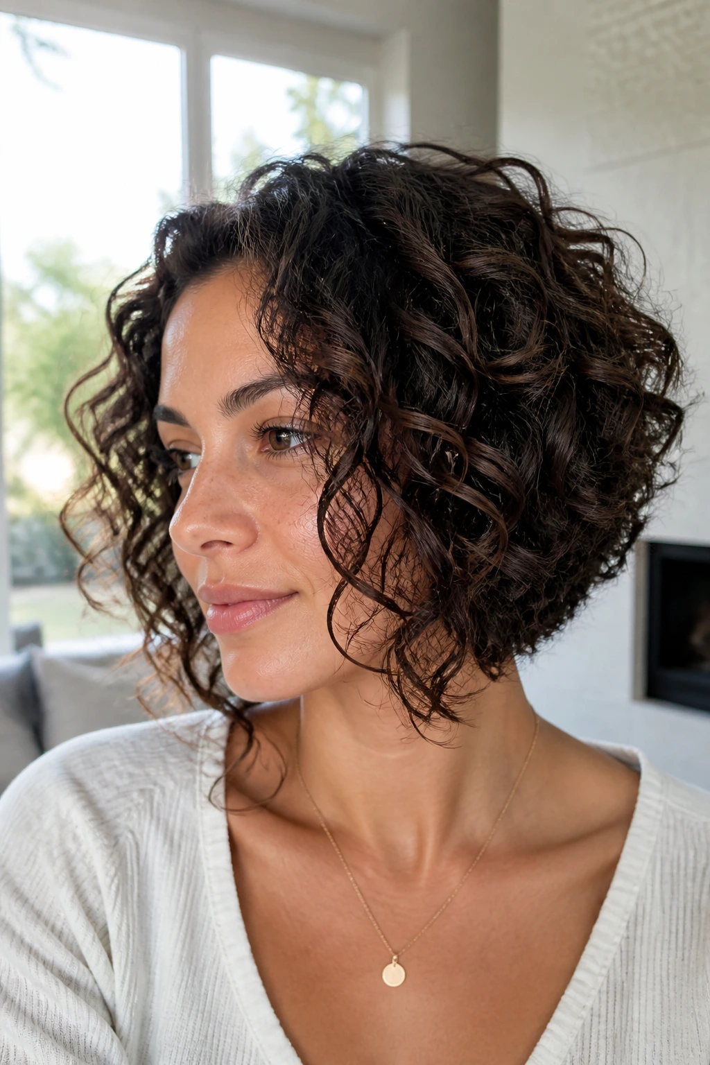 Portrait of a real woman with curly graduated bob and prominent curl pattern.